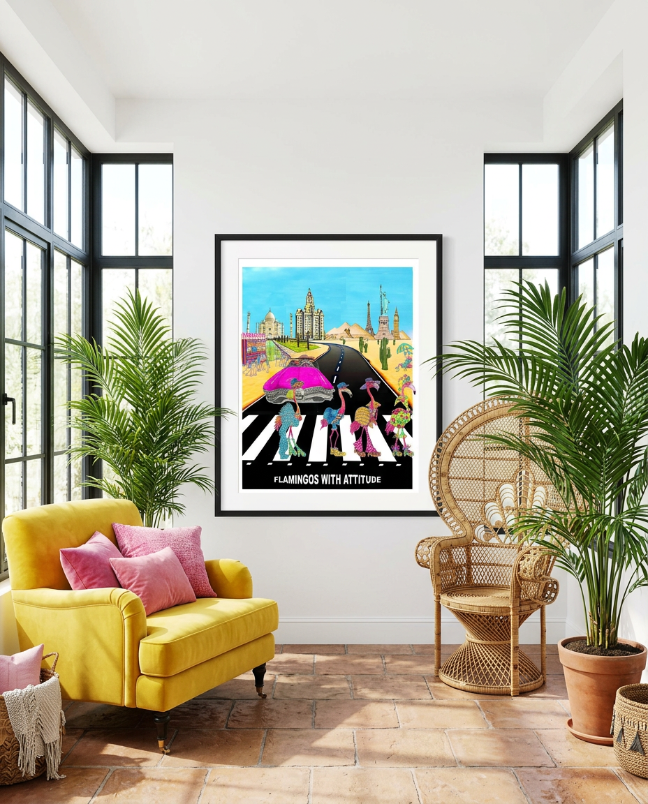 The Flamingo with Attitude shown framed in a quirky living room