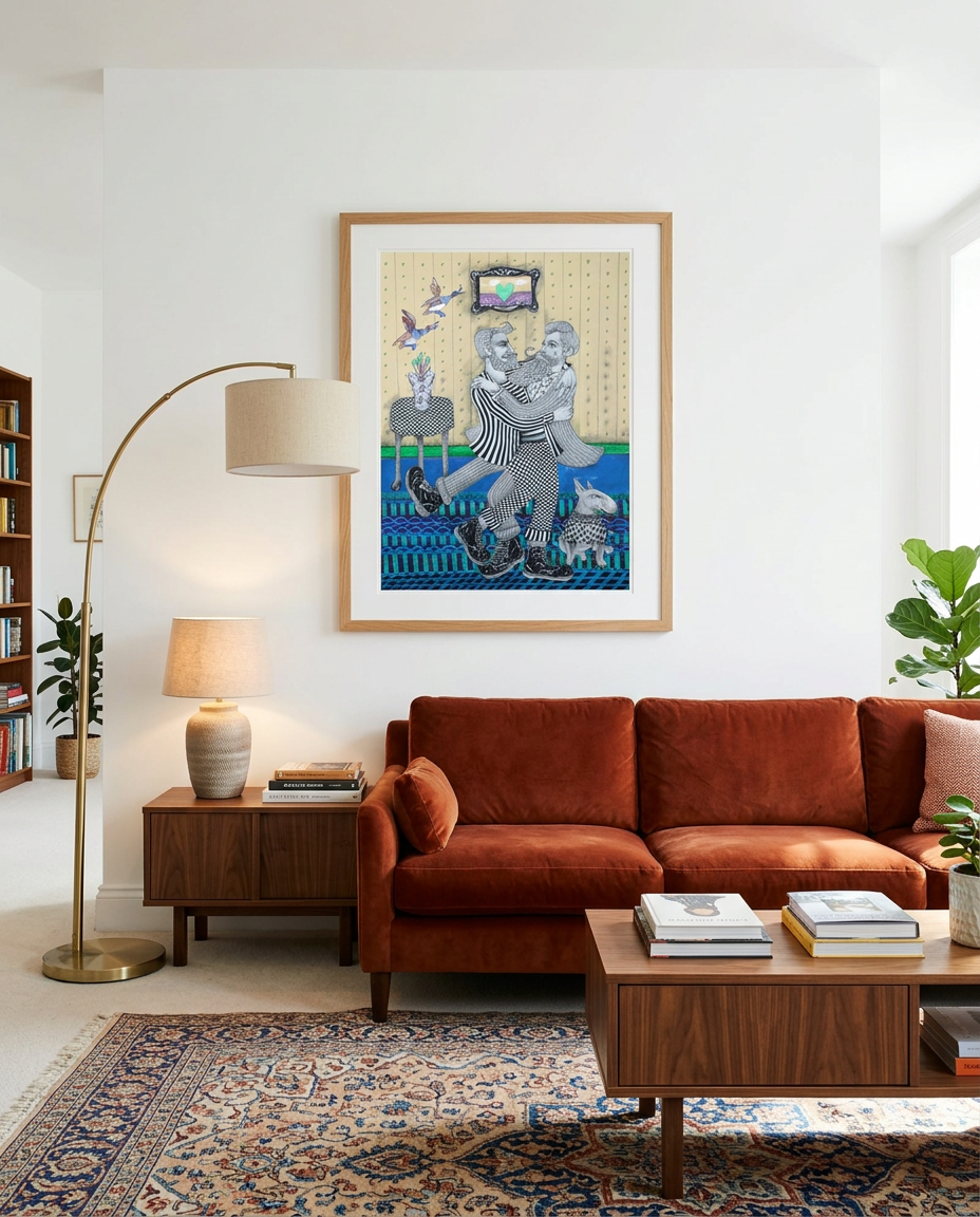 Cornelius shown framed in a quirky living room