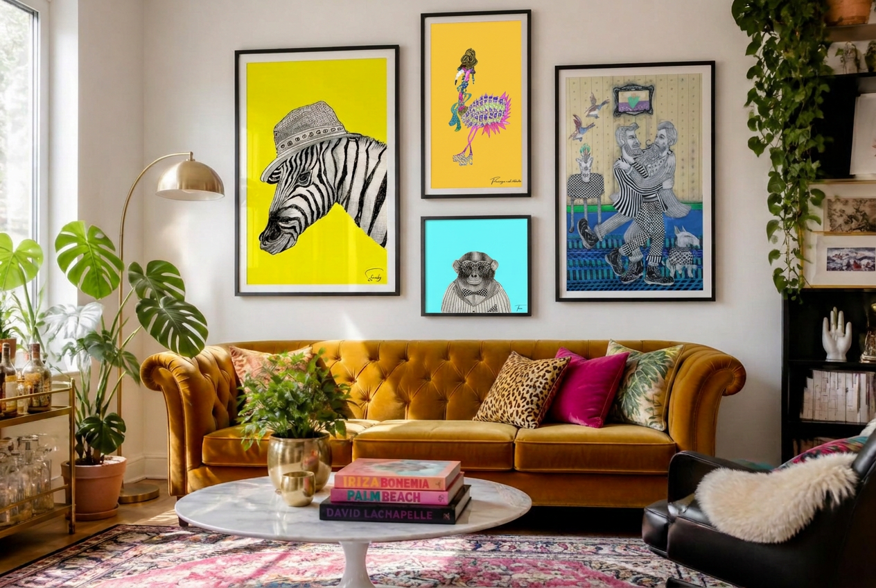 Quirky white-walled living room featuring a gallery wall of Mike Roberts pop-art prints — zebra, royal flamingo, highland cow and bearded gentleman