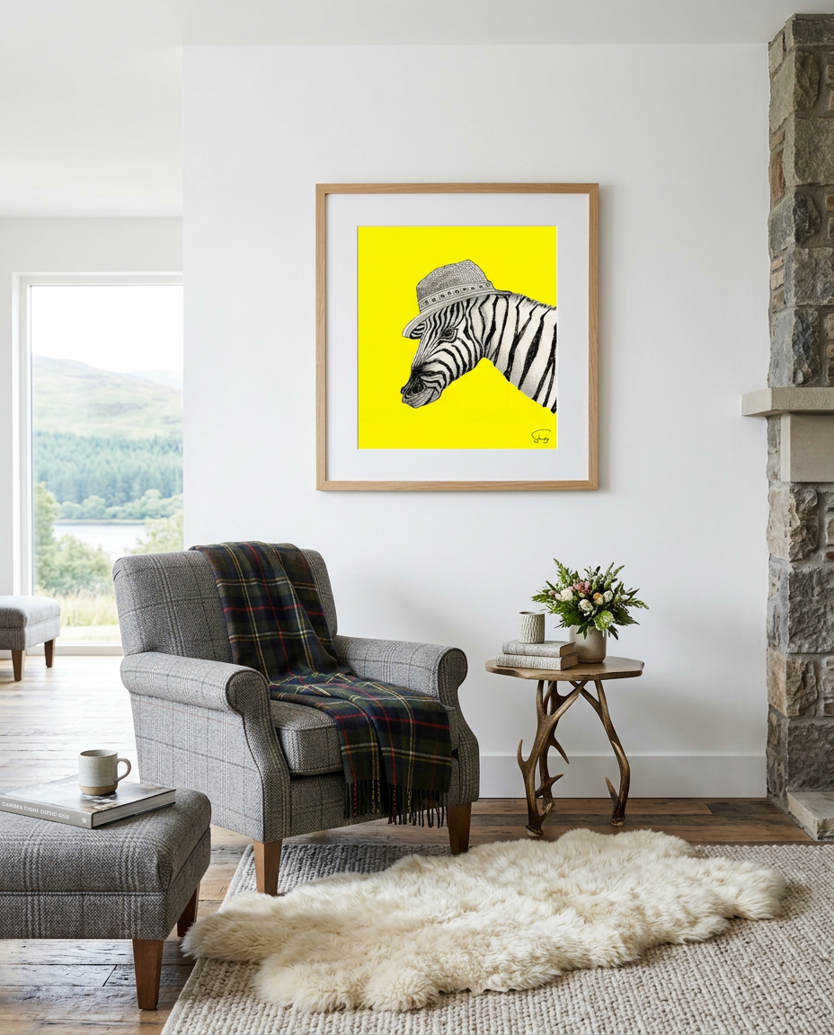 Stanly shown framed in a quirky living room